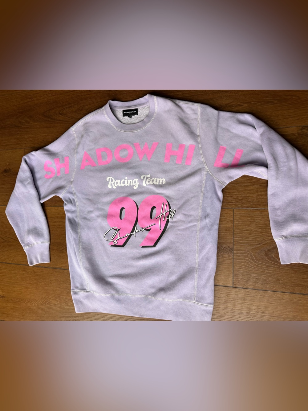 Shadow Hill Light Purple Crewneck with Pink Racing Graphic sweatshirt